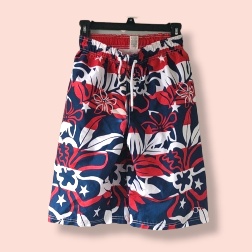 Men's American Flag Floral Swim Trunks